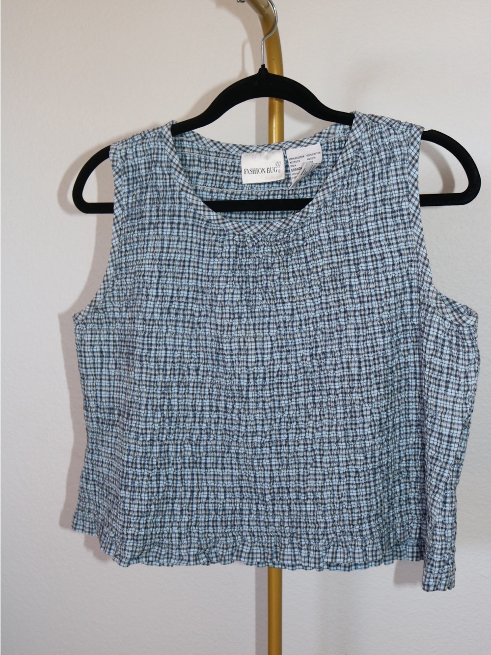 Vintage Fashion Bug Smocked Plaid Crop Top 100% Cotton Sky Blue Navy Yellow L - Picture 7 of 9